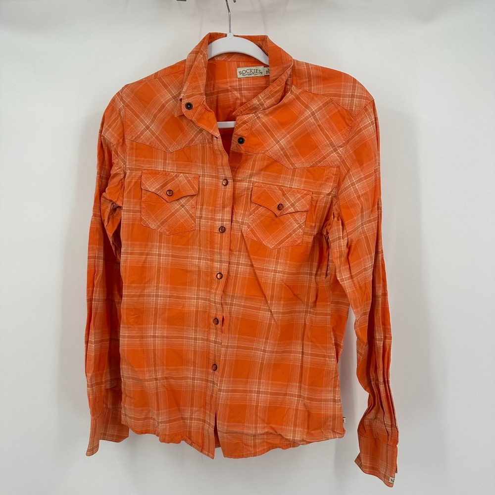 Rockies Womens Orange Plaid Western Pearl‎ Snap Shirt Sz L Cowgirl Rodeo Country